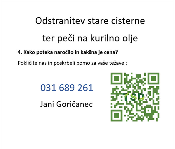 Odstranitev stare cisterne ter peči na kurilno olje - naročilo