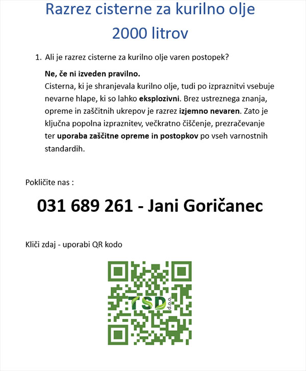 Razrez cisterne za kurilno olje 2000 litrov